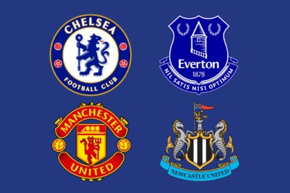The crests of Chelsea, Everton, Manchester United and Newcastle United who are all said to be interested in signing Liam Delap