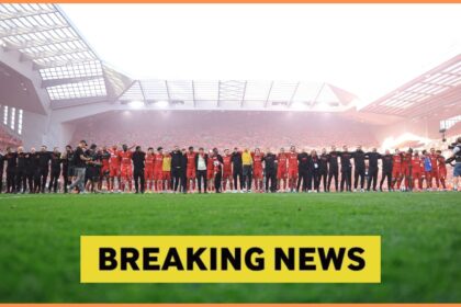 Liverpool players celebrate together after winning the Premier League title