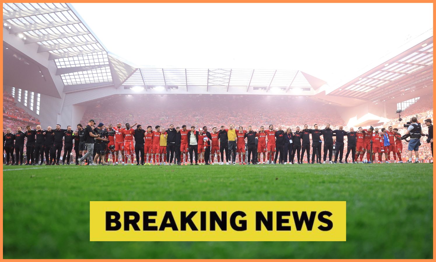 Liverpool players celebrate together after winning the Premier League title