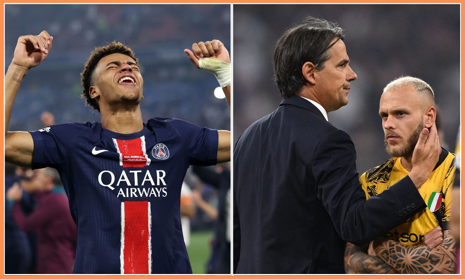 Desire Doue, Simone Inzaghi and Federico Dimarco