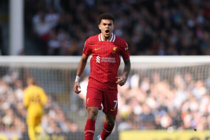 Luis Diaz celebrates a goal for Liverpool