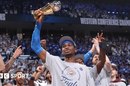 Shai Gilgeous-Alexander of the Oklahoma City Thunder is awarded the Earvin "Magic" Johnson Trophy for the NBA Western Conference Finals Most Valuable Player.