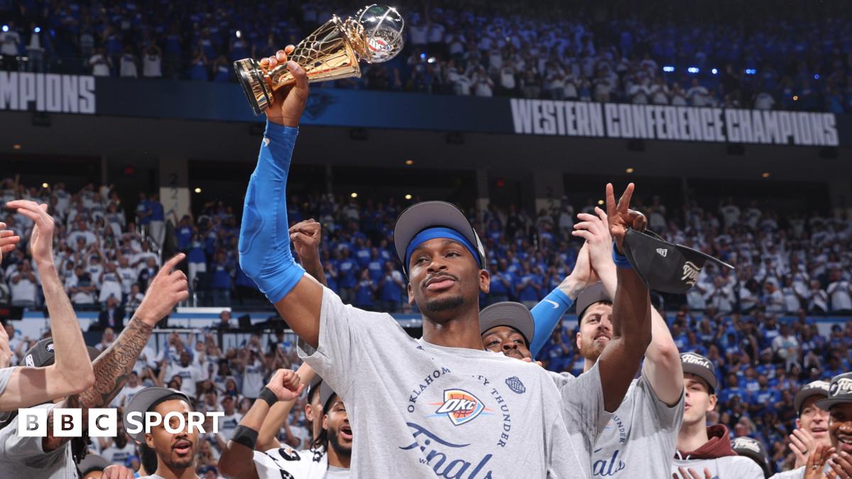 Shai Gilgeous-Alexander of the Oklahoma City Thunder is awarded the Earvin "Magic" Johnson Trophy for the NBA Western Conference Finals Most Valuable Player.