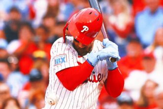 Bryce Harper of the Phillies left the game with a elbow that was bruiseed when hit the pitch, and X-ray negative
