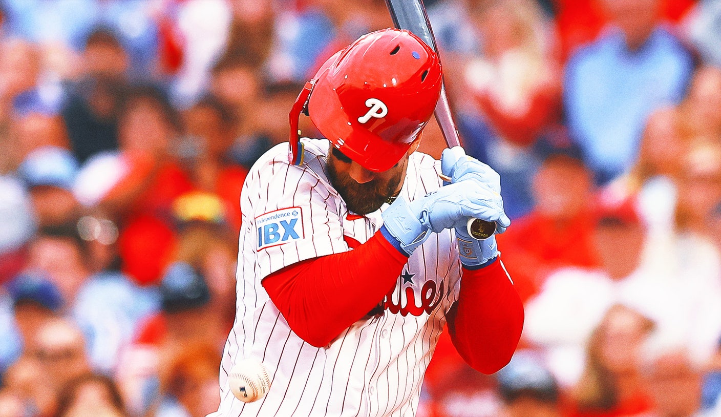 Bryce Harper of the Phillies left the game with a elbow that was bruiseed when hit the pitch, and X-ray negative