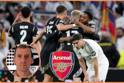Myles Lewis-Skelly celebrates with his Arsenal teammates after the win over Real Madrid