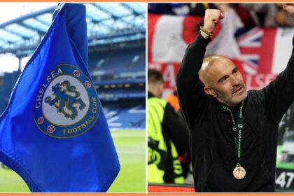 Enzo Maresca and the Chelsea logo