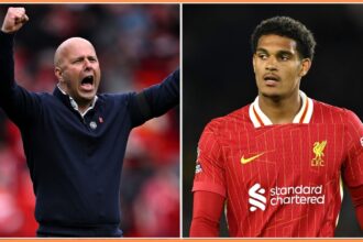 Arne Slot and Jarell Quansah of Liverpool