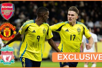Alexander Isak and Viktor Gyokeres celebrate with the Swedish national team