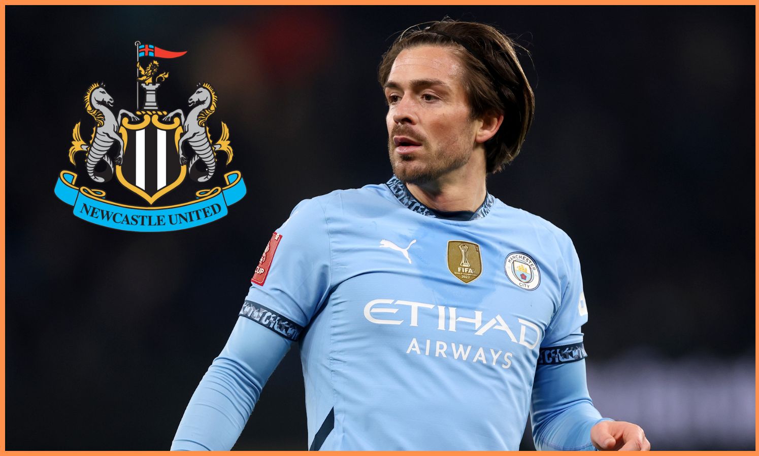 Jack Grealish in action for Manchester City, plus Newcastle United club badge