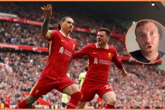 Darwin Nunez and Andrew Robertson celebrate for Liverpool against Southampton