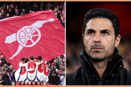 Arsenal players at the Emirates Stadium and Mikel Arteta
