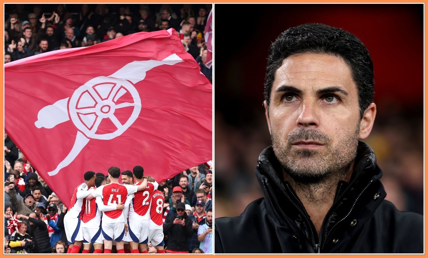 Arsenal players at the Emirates Stadium and Mikel Arteta