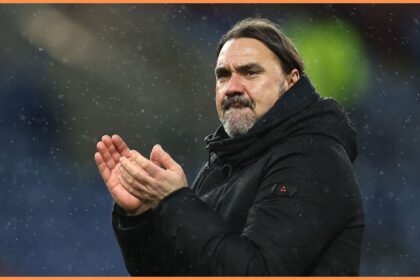 Leeds United manager Daniel Farke applauds the fans