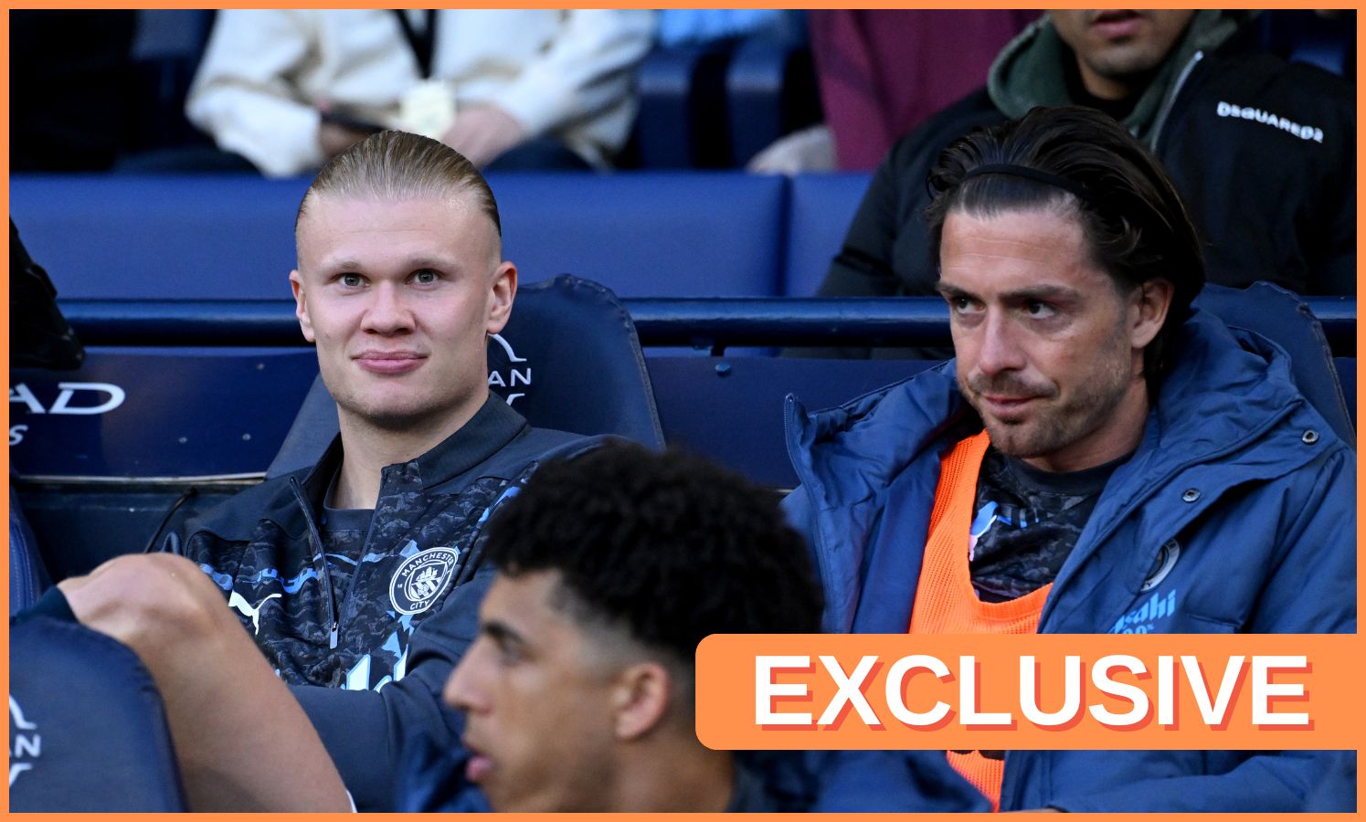Erling Haaland and Jack Grealish on the Manchester City bench
