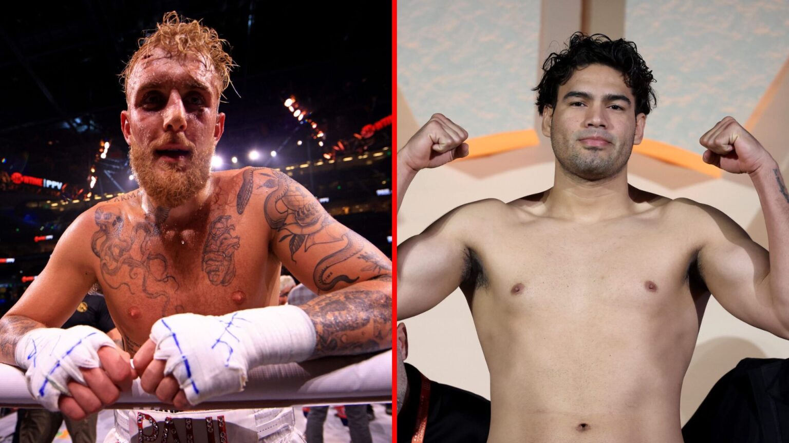 Split image of Jake Paul celebrating a win and Gilberto 'Zurdo' Ramirez weighing-in
