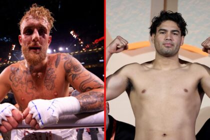 Split image of Jake Paul celebrating a win and Gilberto 'Zurdo' Ramirez weighing-in