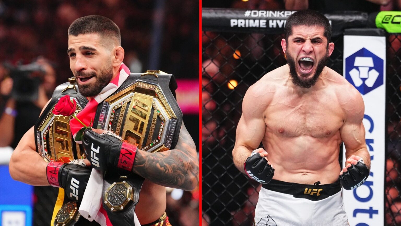 Split image of Ilia Topuria holding two belts at UFC 317 and Islam Makhachev at UFC 311