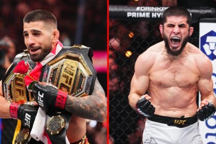 Split image of Ilia Topuria holding two belts at UFC 317 and Islam Makhachev at UFC 311
