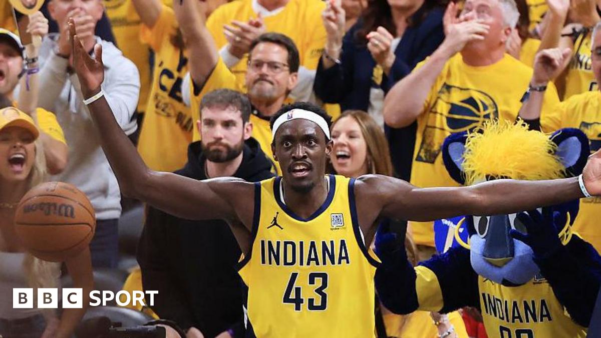 Pascal Siakam in Indiana Pacers kit, with his arms out and a questioning look on his face