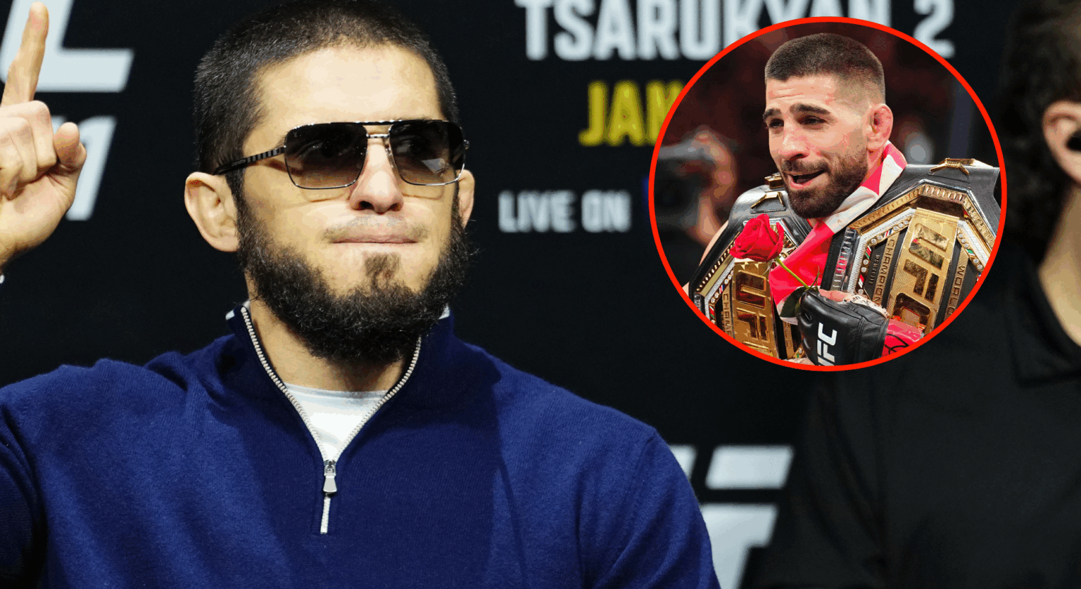 Islam Makhachev appears at a UFC 311 press conference, inset Ilia Topuria with two UFC belts