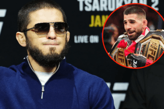 Islam Makhachev appears at a UFC 311 press conference, inset Ilia Topuria with two UFC belts