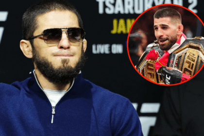 Islam Makhachev appears at a UFC 311 press conference, inset Ilia Topuria with two UFC belts