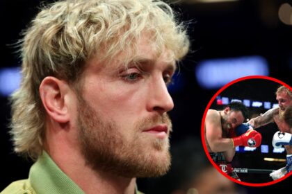 Logan Paul looks on during Jake Paul vs Julio Cesar Chavez Jr, inset Paul punches Chavez Jr