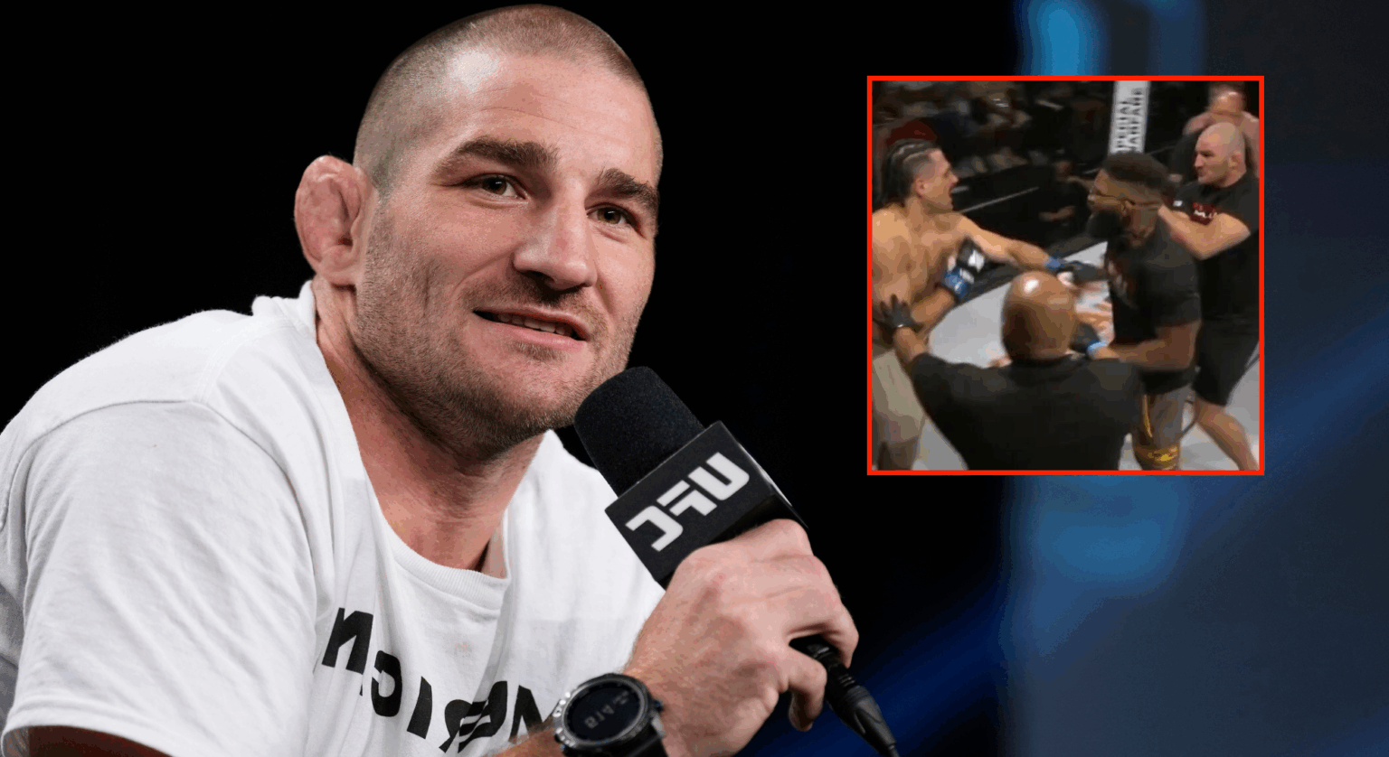 Sean Strickland speaks at the UFC 302 pre-fight press conference, inset Strickland and Chris Curtis charging a fighter at Tuff-N-Uff 145