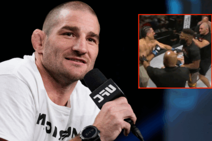 Sean Strickland speaks at the UFC 302 pre-fight press conference, inset Strickland and Chris Curtis charging a fighter at Tuff-N-Uff 145