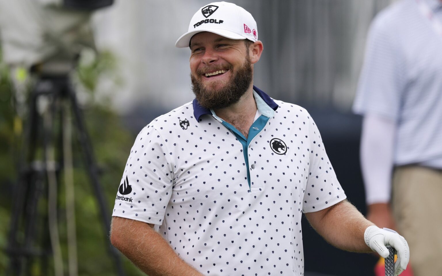 England's Tyrrell Hatton smiles at the third tee at the second round of the 125th US Open, held at Oakmont Country Club on June 13, 2025