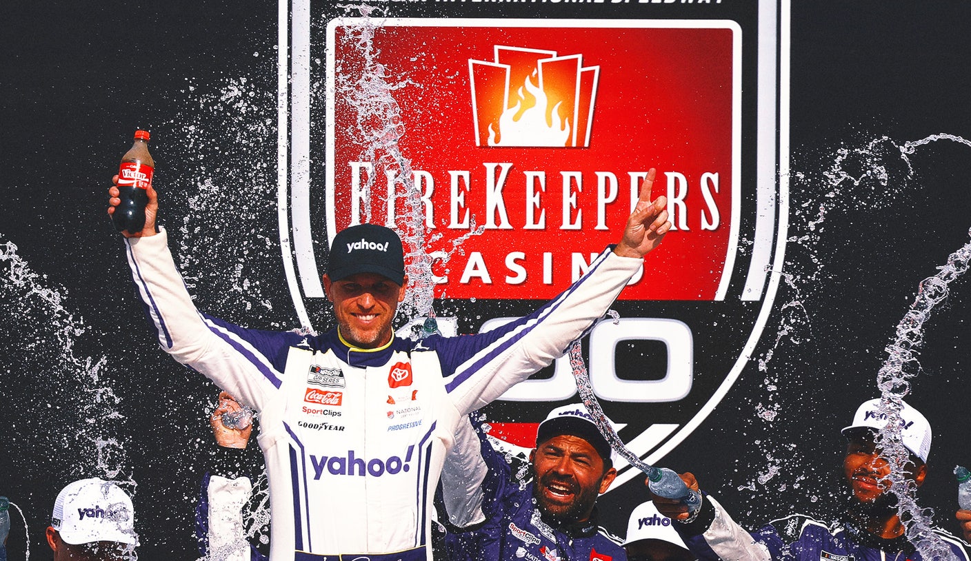 Denny Hamlin wins Michigan State and taunts the crowd while waiting for his third child