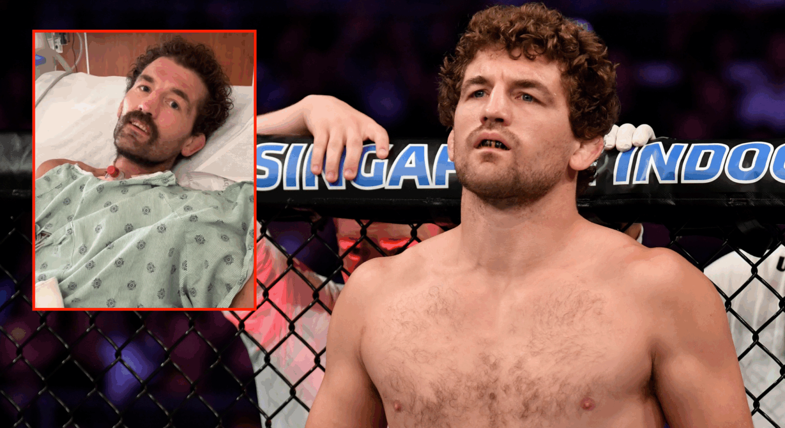 Ben Askren enters the Octagon for his fight with Demian Maia in Singapore, inset Askren in a hospital gown
