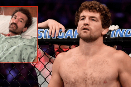 Ben Askren enters the Octagon for his fight with Demian Maia in Singapore, inset Askren in a hospital gown