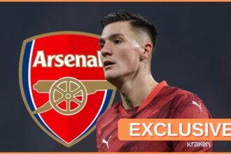 Benjamin Sesko looks on next to Arsenal club crest.