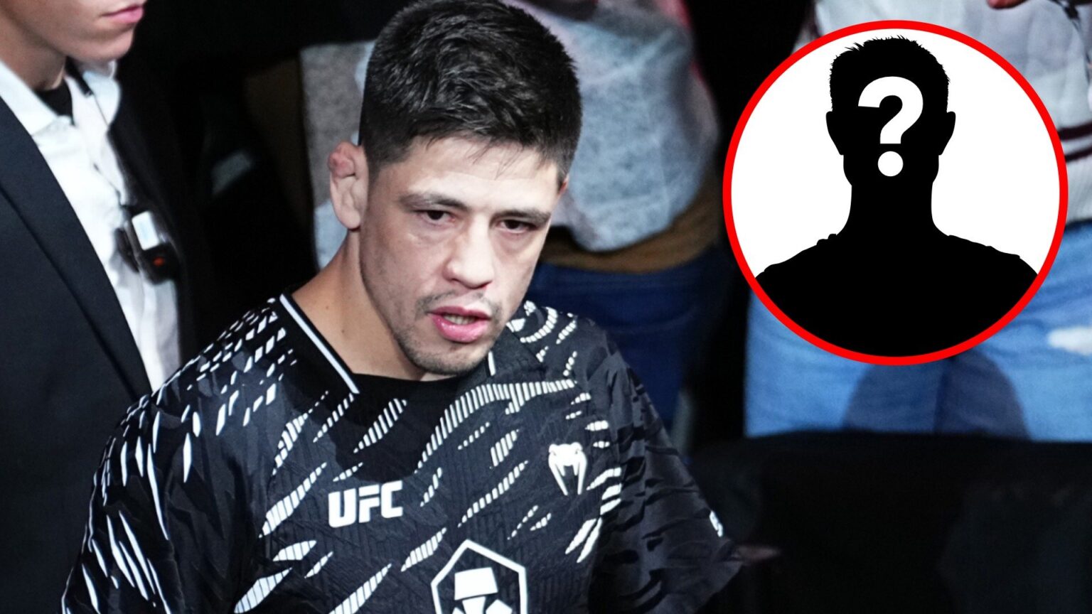 Brandon Moreno walks out for his fight with Amir Albazi at UFC Edmonton, inset mystery icon