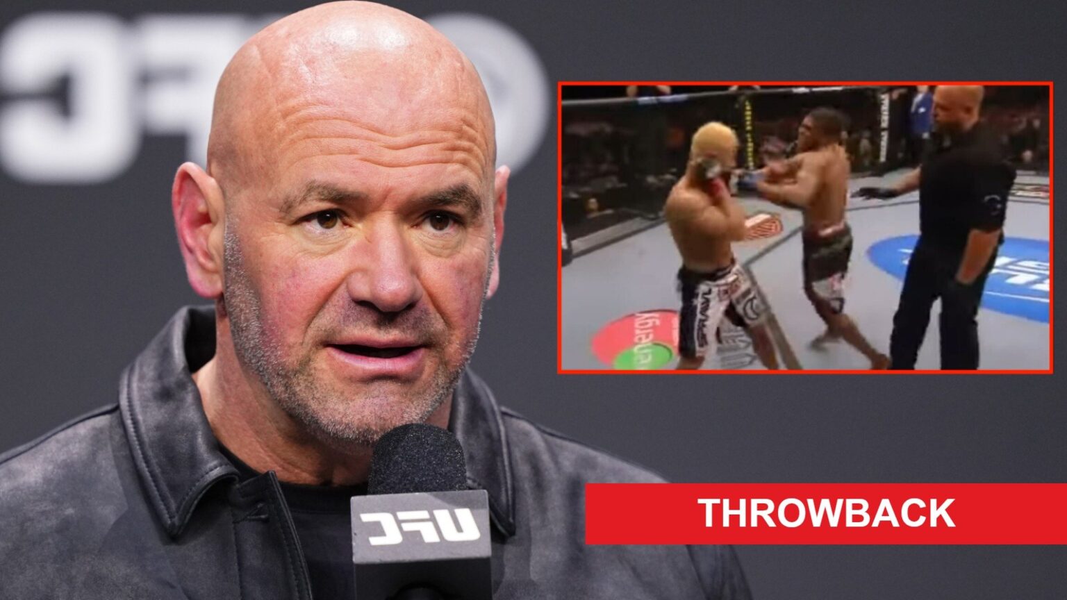 Dana White answers a question during a UFC press conference, inset Paul Daley punching Josh Koscheck
