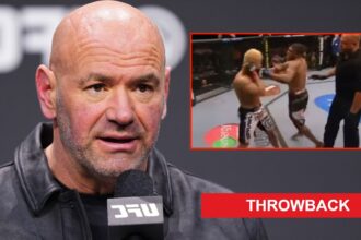 Dana White answers a question during a UFC press conference, inset Paul Daley punching Josh Koscheck