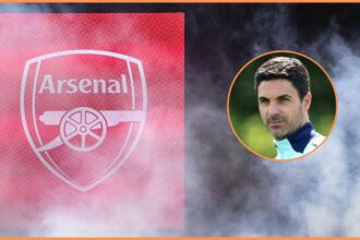 Arsenal logo and Mikel Arteta