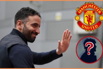 Ruben Amorim waving at Manchester United fans