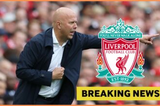 Arne Slot, the Liverpool FC logo and yellow