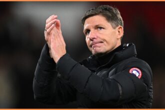 Crystal Palace manager Oliver Glasner applauds the fans