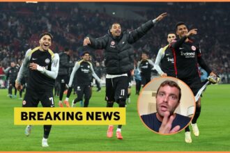 Hugo Ekitike celebrates with his Eintracht teammates