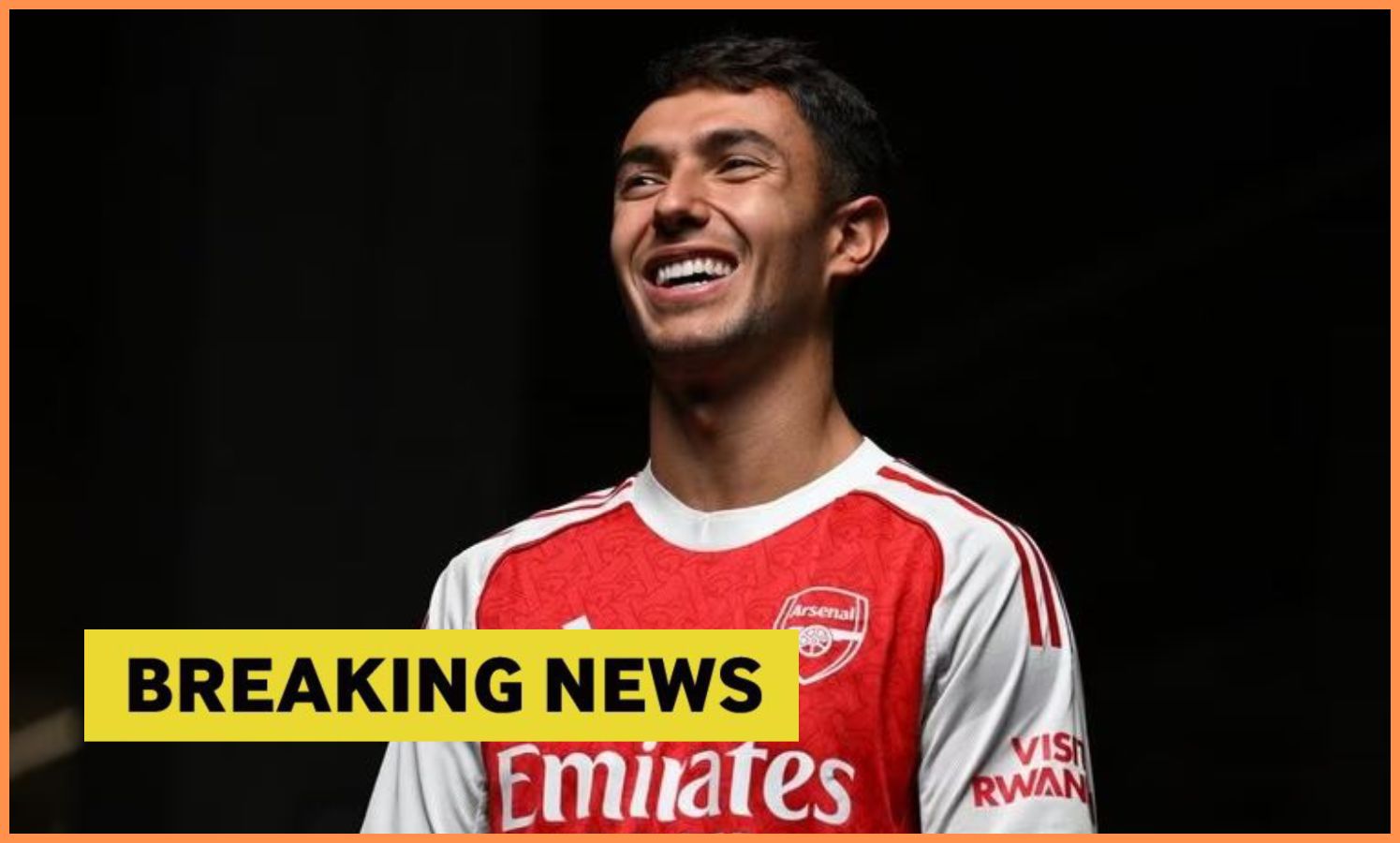 Martin Zubimendi poses in his Arsenal kit, plus breaking news banner