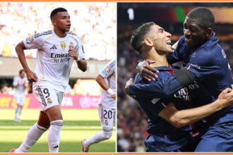 Kylian Mbappe celebrates scoring for Real Madrid, Ousmane Dembele and Achraf Hakimi celebrate for PSG
