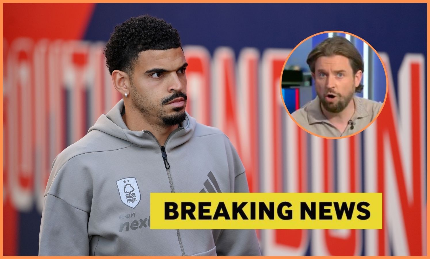 Morgan Gibbs-White of Nottingham Forest, plus breaking news banner