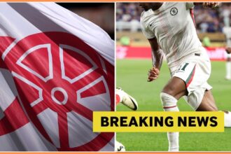 Noni Madueke in action and an Arsenal FC flag