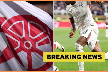 Noni Madueke in action and an Arsenal FC flag
