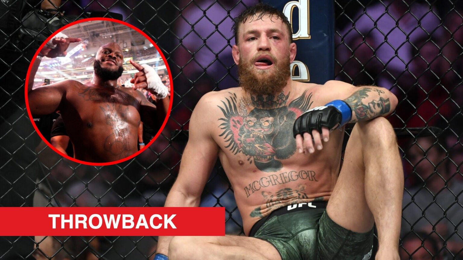 Main: Conor McGregor sits against the fence after being submitted by Khabib Nurmagomedov at UFC 229. Inset: Derrick Lewis celebrates after his win ...