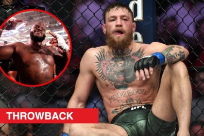 Main: Conor McGregor sits against the fence after being submitted by Khabib Nurmagomedov at UFC 229. Inset: Derrick Lewis celebrates after his win ...